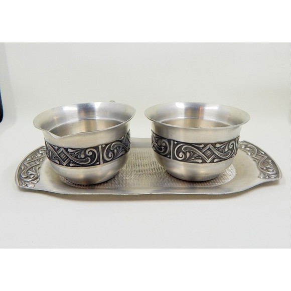 Selandia Norway Pewter Creamer Open Sugar Dish Under Tray Scrollwork Detail - Picture 2 of 14